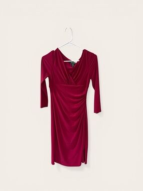Ralph Lauren Wine-Red Draped V-Neck 3/4 Sleeve Dress